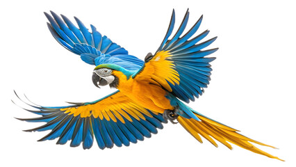 Blue and Yellow Macaw with Extended Wings Vibrant Colorful Tropical Bird in Flight