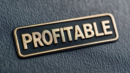 A close-up of a gold-plated badge displaying the word "PROFITABLE" on a textured black background, symbolizing financial success and business achievements.