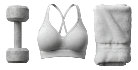 Grey Dumbbell, Sports Bra, and Towel on Transparent Background for Fitness Themes