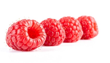 Close-up of Fresh Raspberries on White Background.