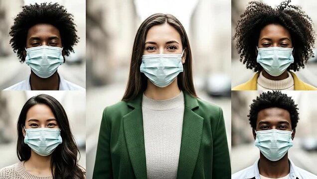 Diverse Group Wearing Face Masks During Pandemic in Urban Setting.