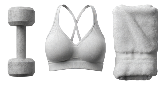 Grey Dumbbell, Sports Bra, and Towel on Transparent Background for Fitness Themes