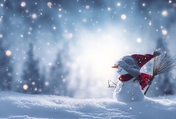 Snowman in Snowy Landscape with Bokeh and Stars.