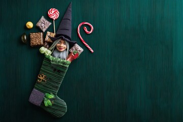 Halloween Witch Stocking with Candy on Dark Teal Background