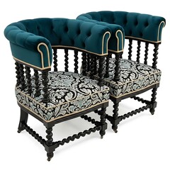 Fototapeta premium Elegant tufted emerald green armchairs with ornate black carved bases