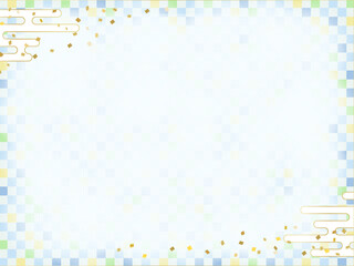 水色の和柄の背景、市松模様のフレーム
