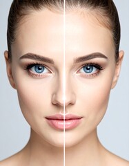 Portrait of a woman, split vertically to show before and after skincare with focused gaze