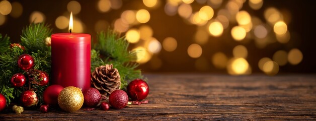 Christmas Candle with Decorations on Wooden Table