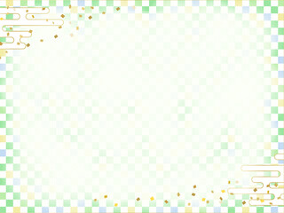 緑の和柄の背景、市松模様のフレーム

