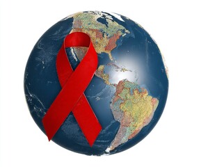 World Aids Day. Red Ribbon on Globe on White Background.