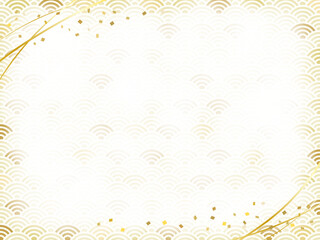 金色の和柄の背景、青海波模様のフレーム