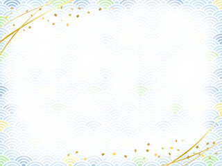 青の和柄の背景、青海波模様のフレーム