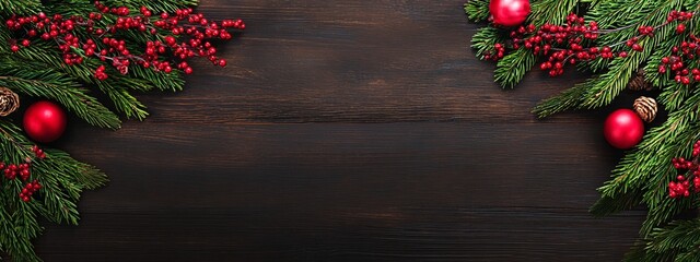 Christmas Holiday Background with Fir Branches and Red Ornaments.