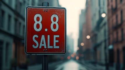 A weathered sale sign reads "8.8 SALE," set against a blurred urban street backdrop, creating an intriguing urban atmosphere.