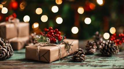 Christmas Gifts and Decoration with Lights on Wooden Table.