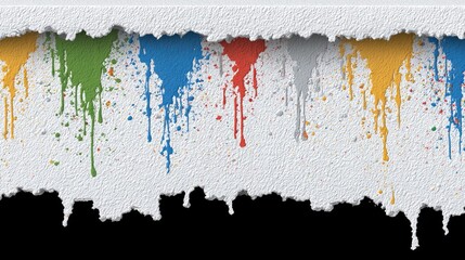 Colorful paint drips flowing down on textured white backdrop with black background