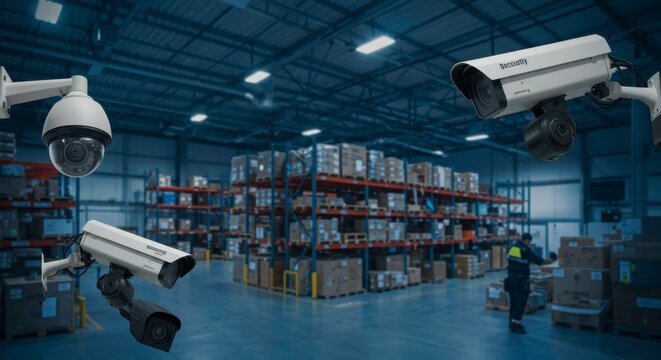 Enhanced security surveillance system in a warehouse distribution center area footage - Powered by Adobe
