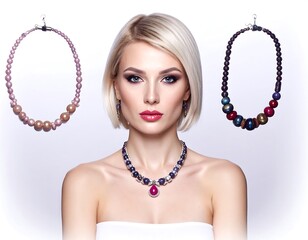 Portrait of a woman wearing multiple necklaces, showcasing beauty and fashion accessories