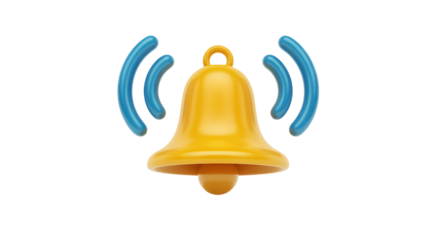 Golden notification bell rings with blue sound waves alert
