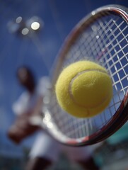 A close-up of a tennis ball approaching a racket, capturing the dynamic action and energy of the sport against a blurred background.