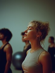 A serene moment of mindfulness during a group meditation session, featuring individuals in a calm, focused atmosphere.