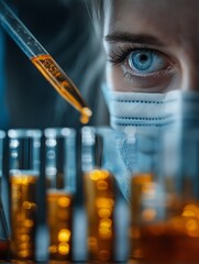 A close-up of a scientist in a mask focusing on a dropper over test tubes filled with vibrant liquids, highlighting a blend of curiosity and scientific exploration.