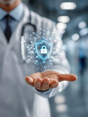 A healthcare professional holds a holographic shield symbolizing digital security, highlighting the importance of safeguarding sensitive information.