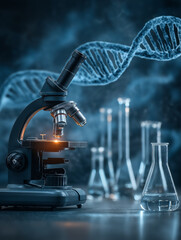A scientific setup featuring a microscope, test tubes, and a DNA double helix, highlighting the theme of biotechnology and research.