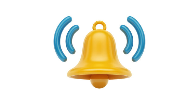 Golden notification bell rings with blue sound waves alert