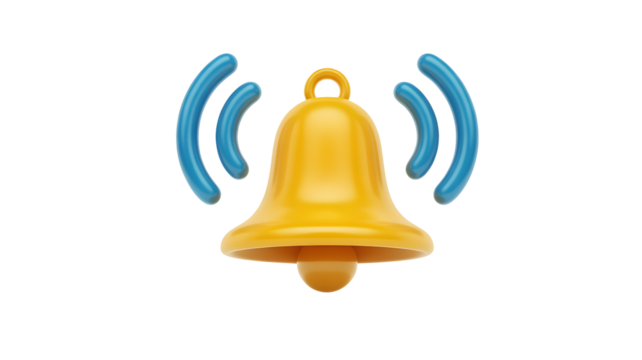 Golden notification bell rings with blue sound waves alert