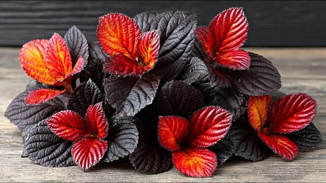 Vibrant red and dark textured foliage of an exotic ornamental tropical houseplant, close-up on a rustic wooden background.