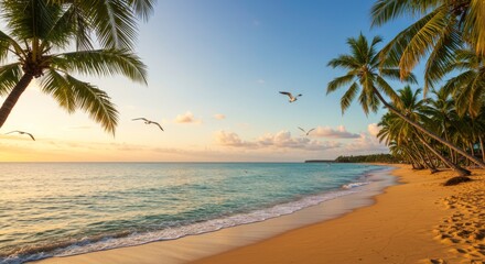 Idyllic Tropical Beach at Sunset with Palm Trees and Flying Seagulls for Vacation