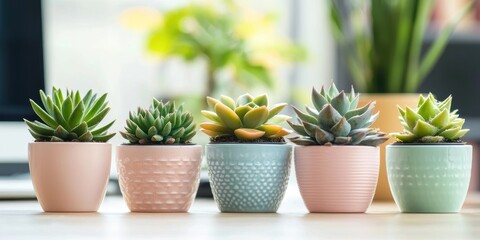 Five small, colorful succulents in various pots, arranged in a row on a white surface with a blurred background of greenery.