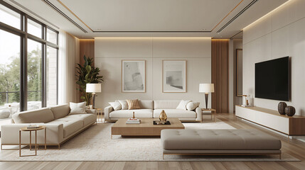 Fototapeta premium Ivory modern walls frame vibrant abstract artwork above white seating in curated contemporary home styling concept photo interior design wallpaper background