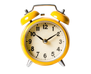 A yellow alarm clock isolated on transparent background, showing the time at 1010, with a classic design and vintage appeal, perfect for time management concepts