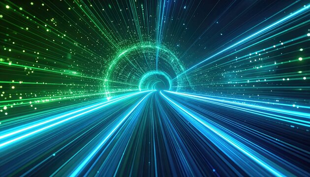 Digital tunnel with glowing green and blue lights leading into a circular portal in a dark abstract environment representing futuristic technology and data flow