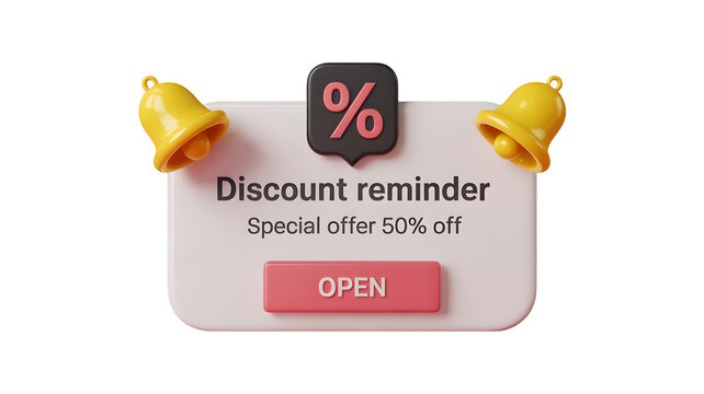 Urgent discount alert special offer 50% off notification with open button