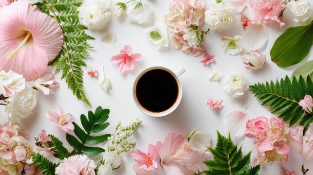 A cup of black coffee with a floral arrangement on a white table. - Powered by Adobe