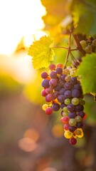 A beautiful bunch of ripening grapes on the vine during a golden sunset.