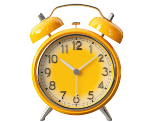 A yellow alarm clock isolated on transparent background, showing the time at 1000, with a retro design and vibrant color, perfect for illustrating punctuality and deadlines