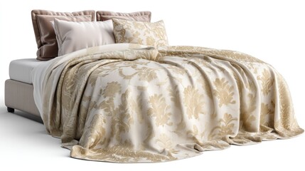 A luxurious bed with a beige and gold floral comforter, pillows, and a matching blanket, placed on a white background with a soft focus.