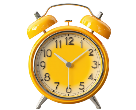 A yellow alarm clock isolated on transparent background, showing the time at 1000, with a retro design and vibrant color, perfect for illustrating punctuality and deadlines