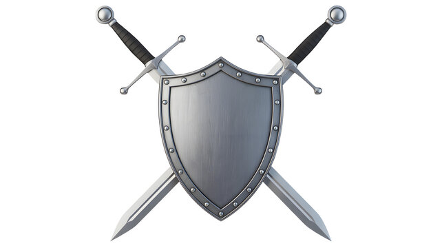Medieval steel shield and swords crossed emblem for protection and valor