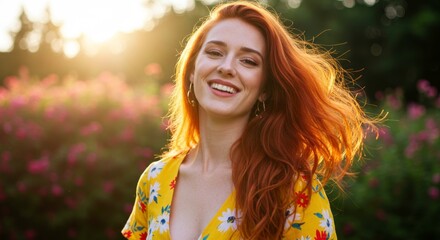 Radiant red-haired woman in floral dress, bathed in golden sunlight outdoors, smiling brightly