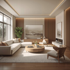 Fototapeta premium Sleek white sofa and eye catching abstract painting contrast softly lit ivory walls in modern designer living room interior design wallpaper background