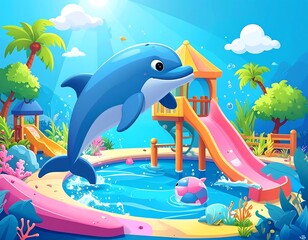 Playful Dolphin at Water Park - A Cartoon Adventure.