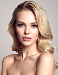 Portrait of a woman with blonde hair, fair skin, and minimal clothing, looking directly at the viewer