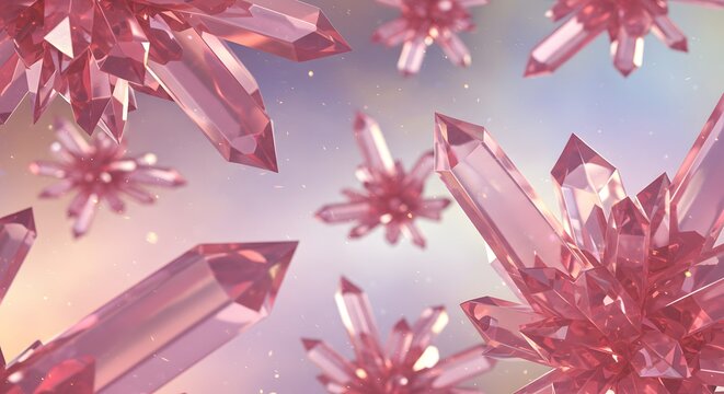 Pink crystalline formations float against a dreamy, bokeh-filled background