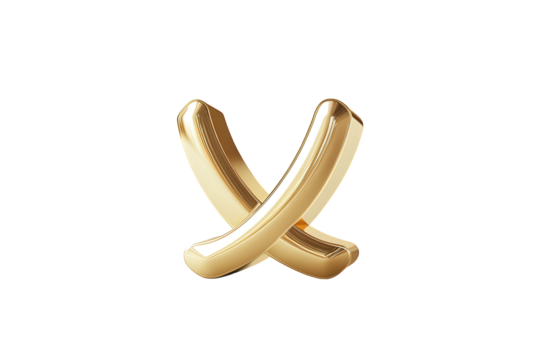 Two golden inflatable banana shapes crossing each other isolated on transparent background, creating a playful and whimsical composition with a luxurious feel