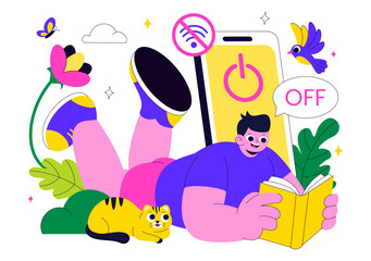 Digital Detox Retreat Illustration Featuring Turning Off Smartphones While Practicing Mindfulness, Reducing Screen Time, And Enjoying Tech Free Zones